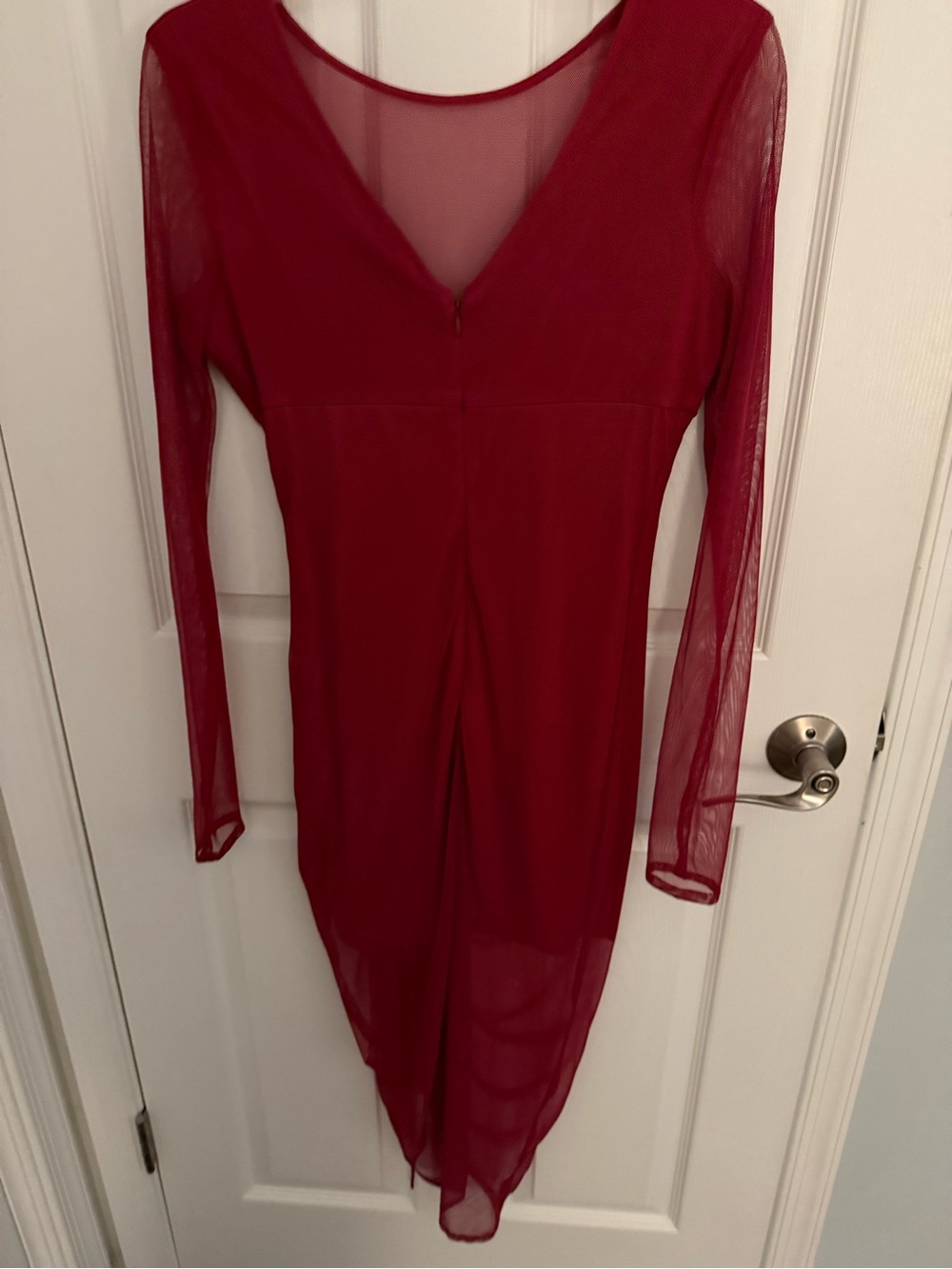 bebe Red Long-Sleeve Sheer V-Neck Dress